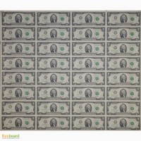 Доллары США неразрезанный лист 32 купюры по 2 USD